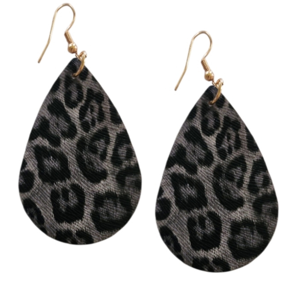 Faux leather dark grey Black Leopard earrings